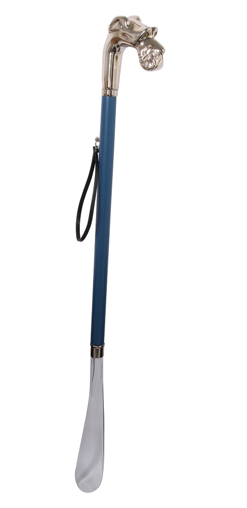 Design Schuhanzieher Schuhlöffel mit Hundekopf als Griff mit blauem Holzschaft