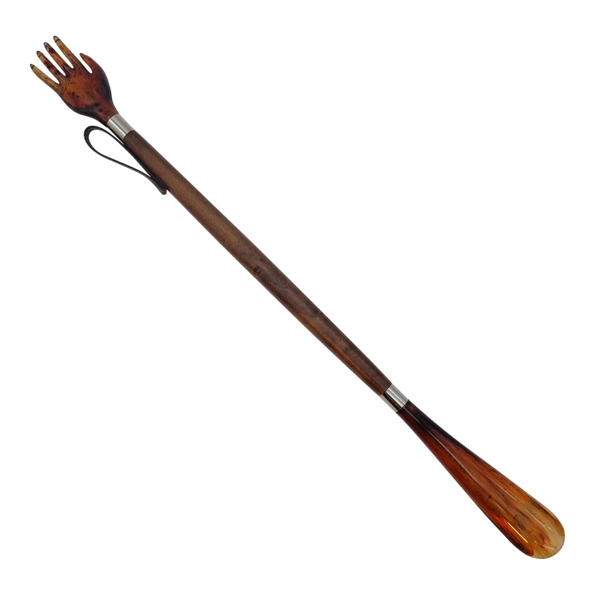 Schuhlöffel Schmuckanzieher aus braunem Holz mit Kratzhand 57cm lang
