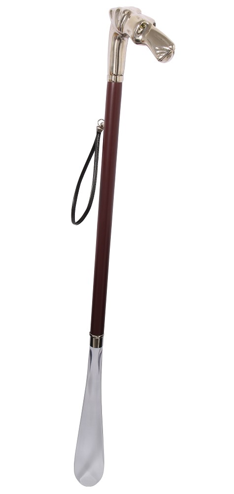 Design Schuhanzieher Schuhlöffel Griff Hundekopf, dunkelroter Holzschaft